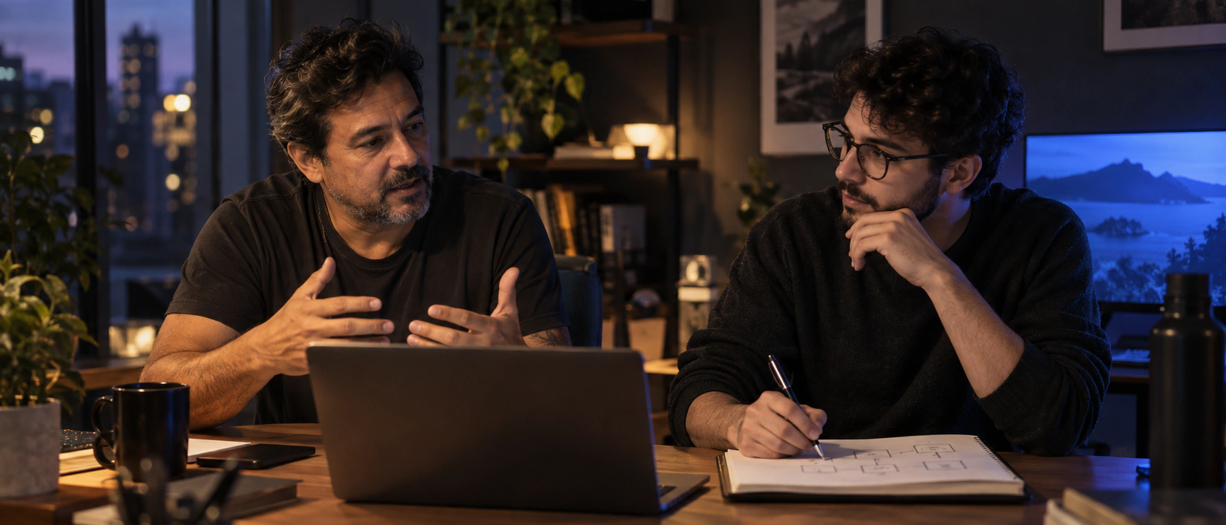 Duas pessoas conversando sobre um projeto em frente ao notebook, uma delas anotando